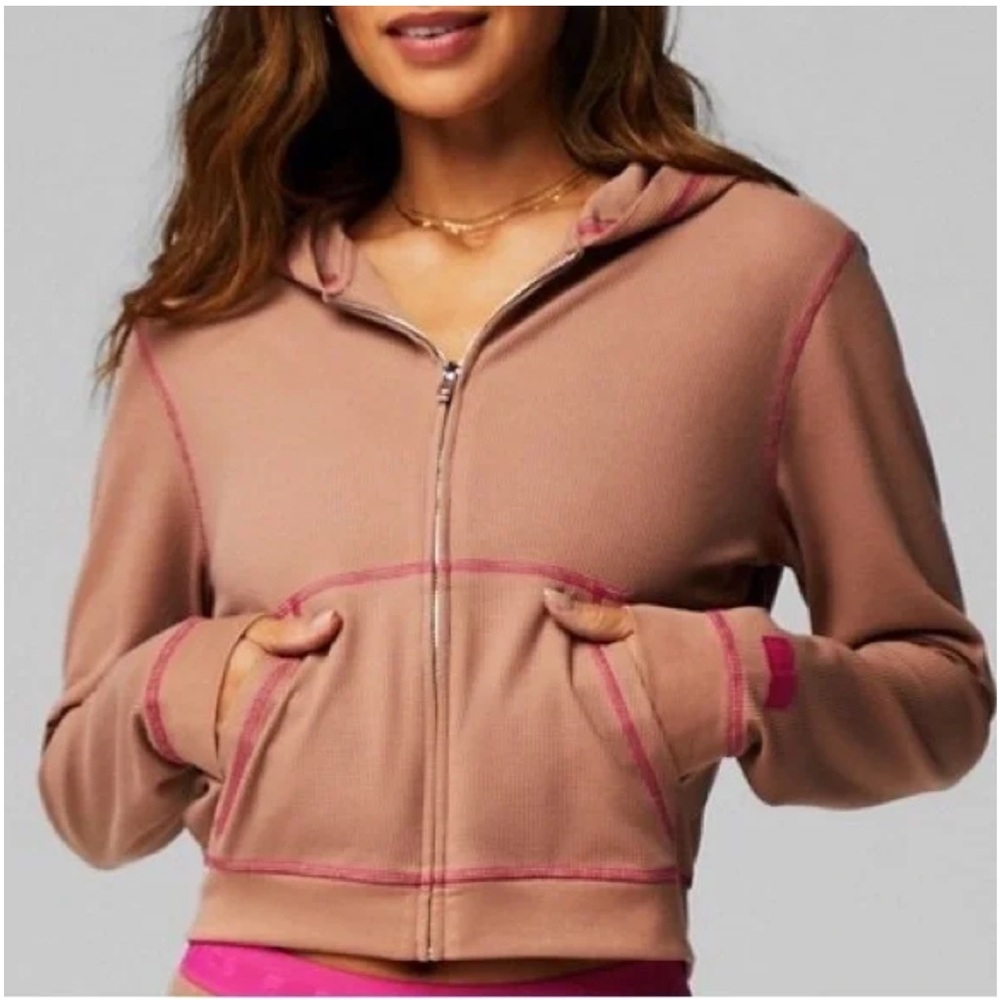 Fabletic’s Contrast Stitch Zip-Up Waffle Hoodie - Teddy/Fuchsia